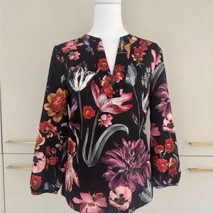 J. Crew Pink and Black Floral Tunic Blouse